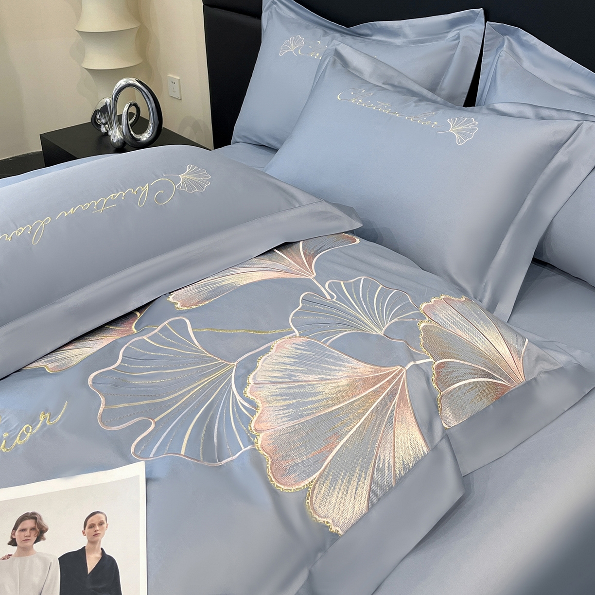 91家纺网 家纺一手货源 找家纺 置顶家纺 2025新款亲肤拼接刺绣四件套-一路繁花 一路繁花-天蓝