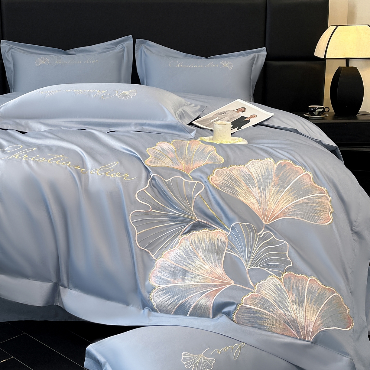 91家纺网 家纺一手货源 找家纺 置顶家纺 2025新款亲肤拼接刺绣四件套-一路繁花 一路繁花-天蓝