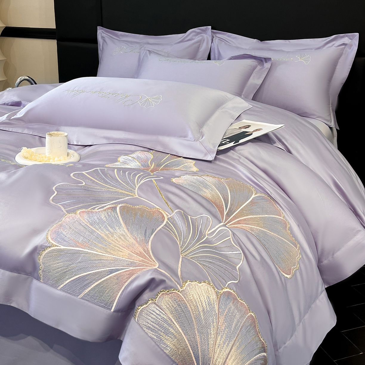 91家纺网 家纺一手货源 找家纺 置顶家纺 2025新款亲肤拼接刺绣四件套-一路繁花 一路繁花-香芋紫