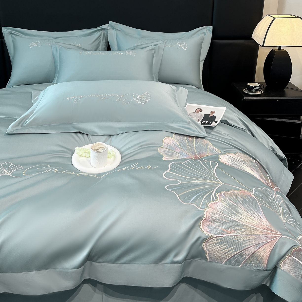 91家纺网 家纺一手货源 找家纺 置顶家纺 2025新款亲肤拼接刺绣四件套-一路繁花 一路繁花-繁星蓝