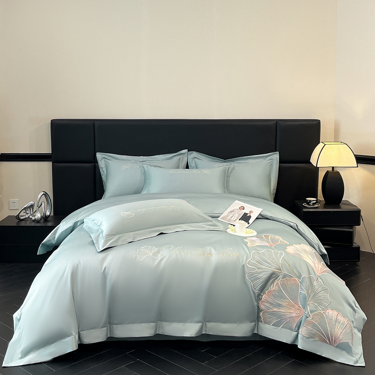 91家纺网 家纺一手货源 找家纺 置顶家纺 2025新款亲肤拼接刺绣四件套-一路繁花 一路繁花-繁星蓝