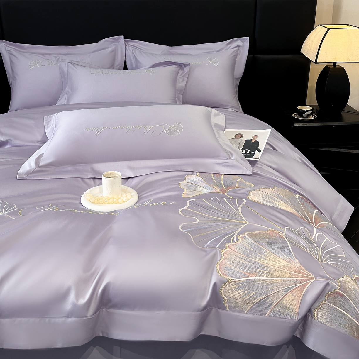 91家纺网 家纺一手货源 找家纺 置顶家纺 2025新款亲肤拼接刺绣四件套-一路繁花 一路繁花-香芋紫