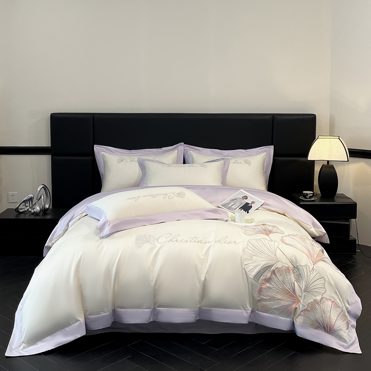 置顶家纺 2025新款亲肤拼接刺绣四件套-一路繁花 一路繁花-白+香芋紫