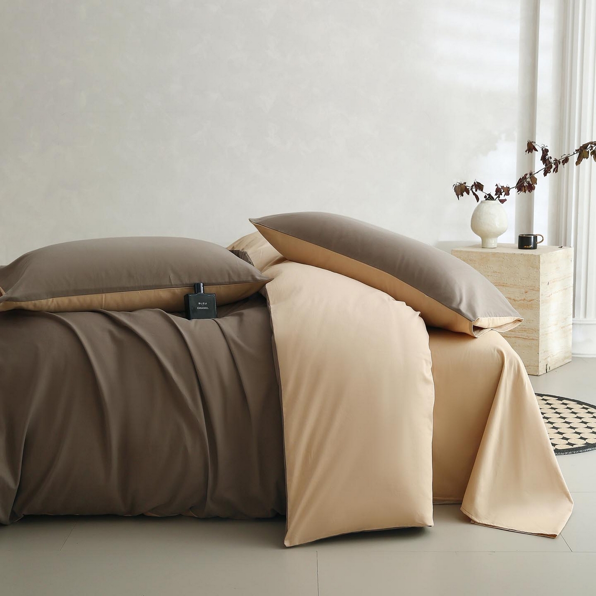 91家纺网 家纺一手货源 找家纺 梧桐树 2025新款纯色双拼100%棉磨毛全棉纯棉四件套 焦糖曲奇