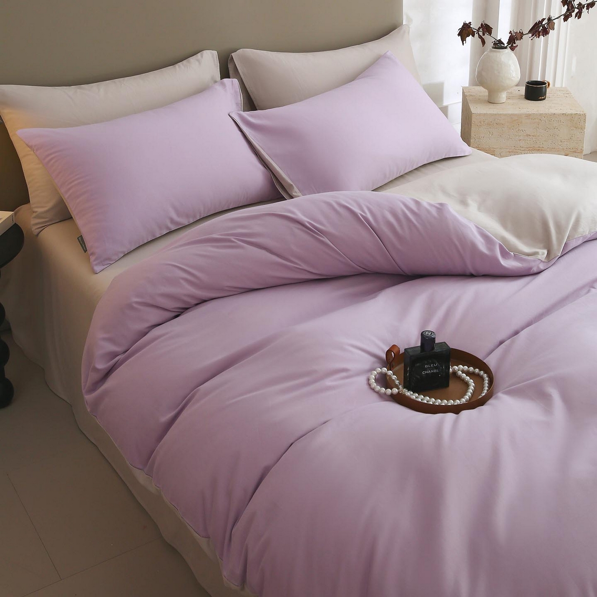 91家纺网 家纺一手货源 找家纺 梧桐树 2025新款纯色双拼100%棉磨毛全棉纯棉四件套 紫粟灰