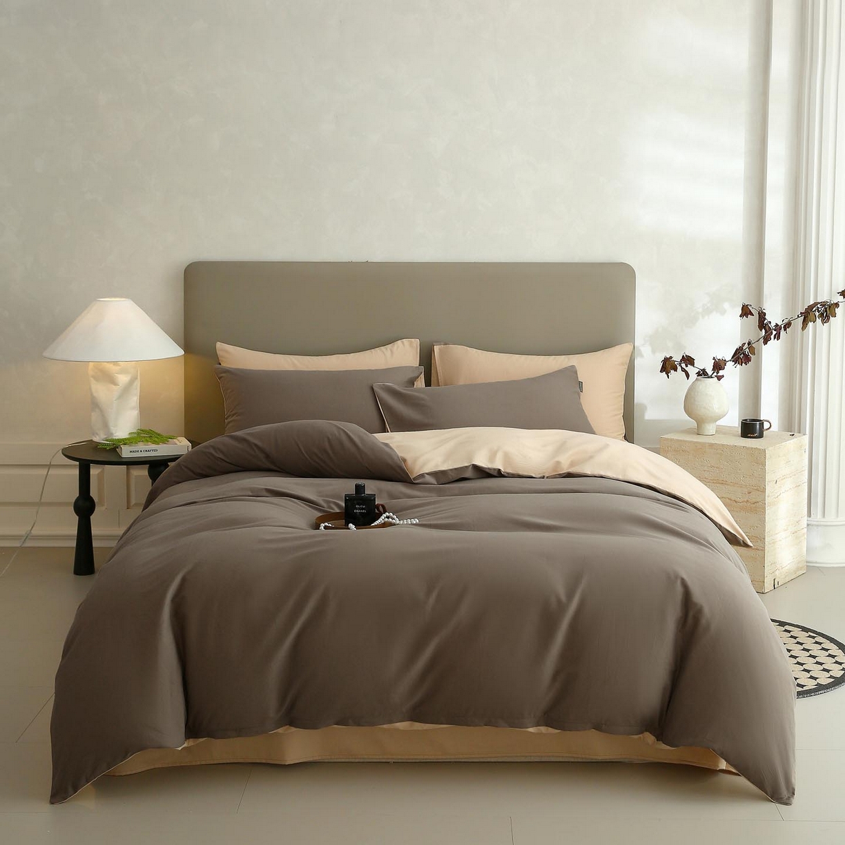 91家纺网 家纺一手货源 找家纺 梧桐树 2025新款纯色双拼100%棉磨毛全棉纯棉四件套 焦糖曲奇