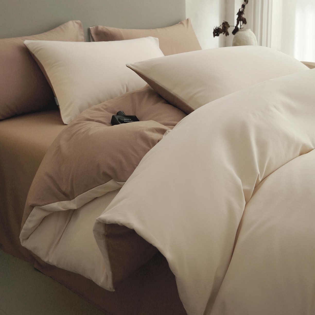 91家纺网 家纺一手货源 找家纺 梧桐树 2025新款纯色双拼100%棉磨毛全棉纯棉四件套 云纱可可