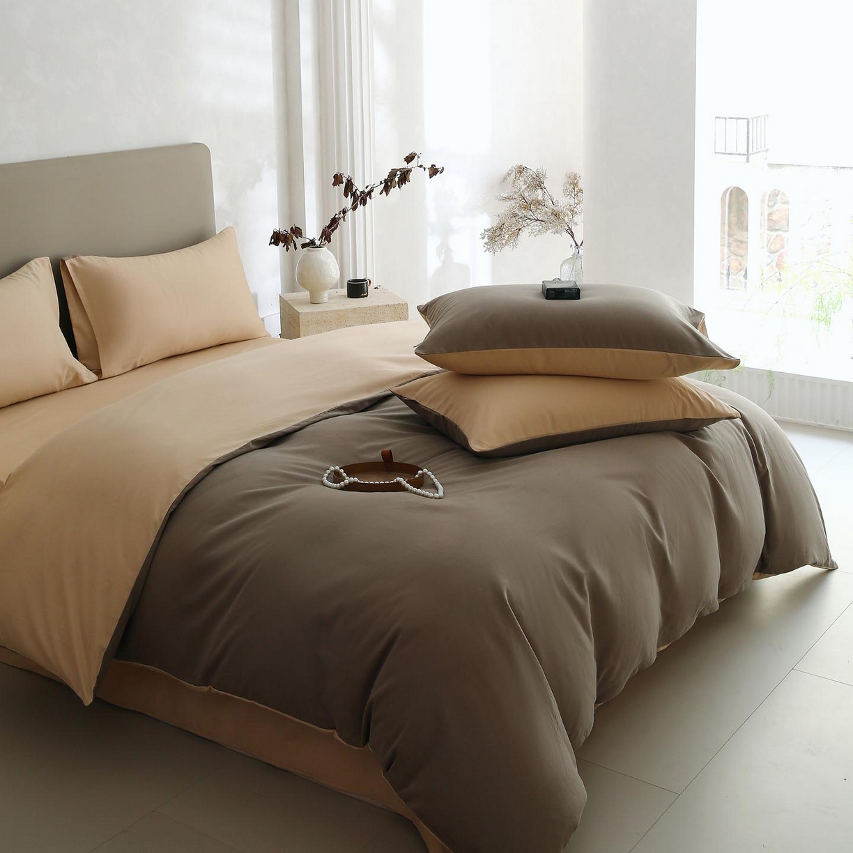 91家纺网 家纺一手货源 找家纺 梧桐树 2025新款纯色双拼100%棉磨毛全棉纯棉四件套 焦糖曲奇