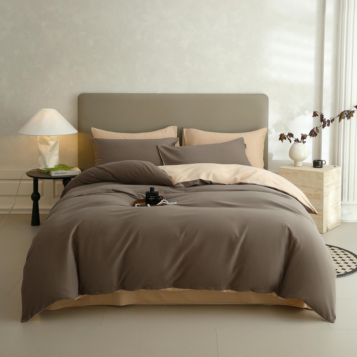 91家纺网 家纺一手货源 找家纺 梧桐树 2025新款纯色双拼100%棉磨毛全棉纯棉四件套 焦糖曲奇