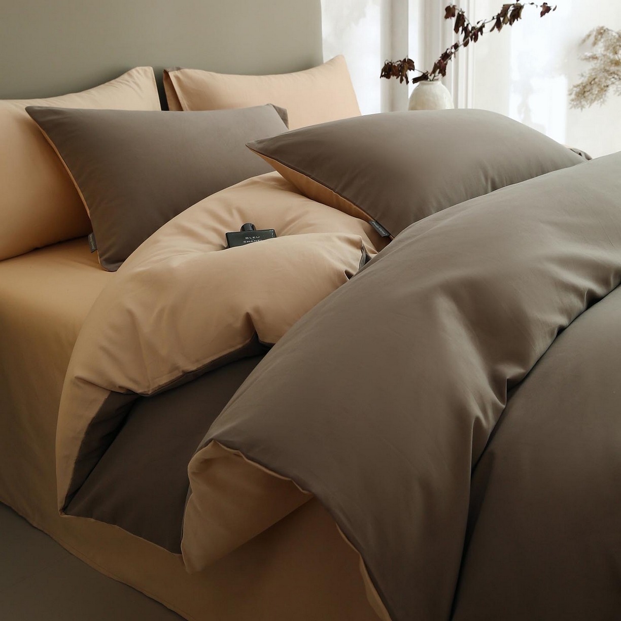 91家纺网 家纺一手货源 找家纺 梧桐树 2025新款纯色双拼100%棉磨毛全棉纯棉四件套 焦糖曲奇