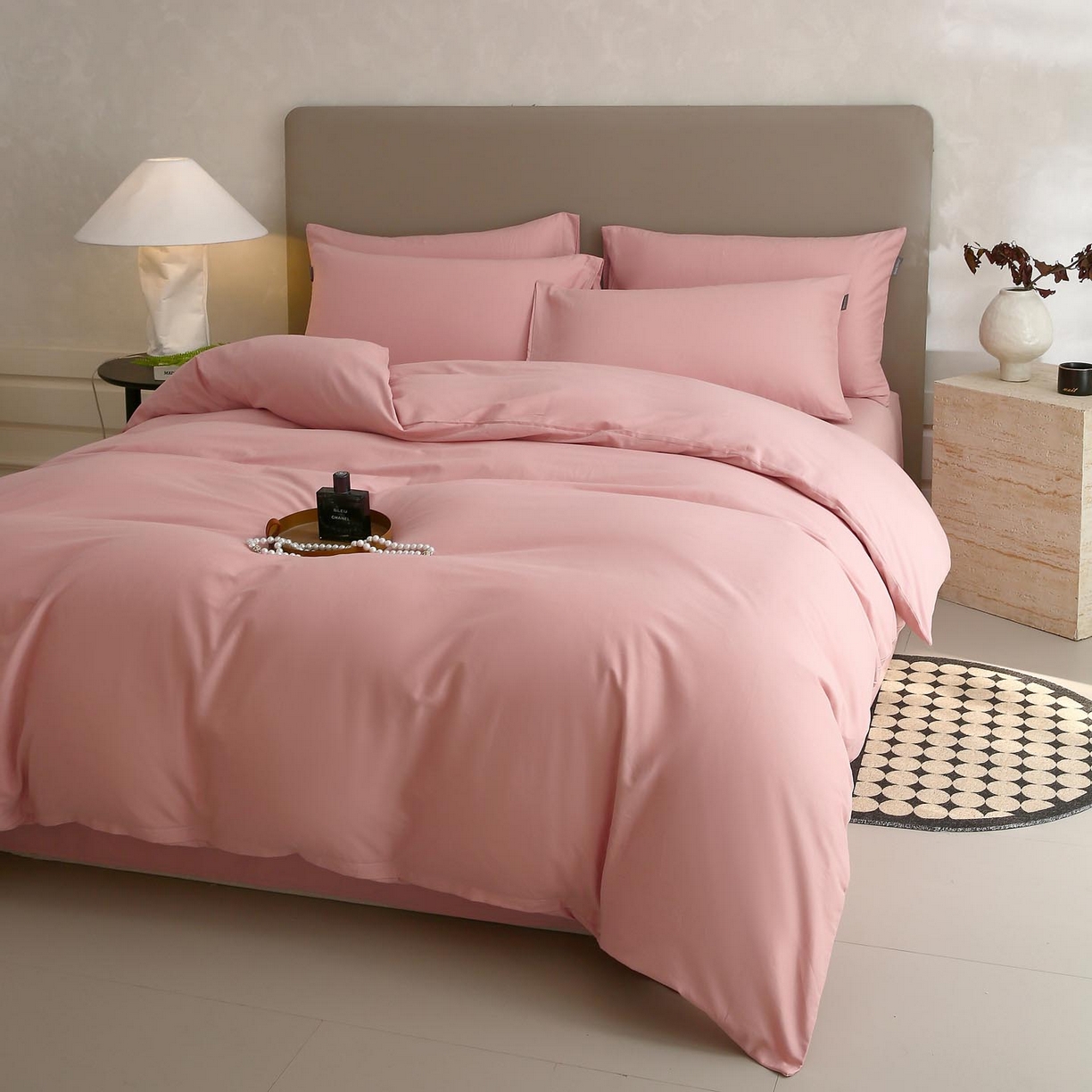 91家纺网 家纺一手货源 找家纺 梧桐树 2025新款纯色双拼100%棉磨毛全棉纯棉四件套 暮砂粉