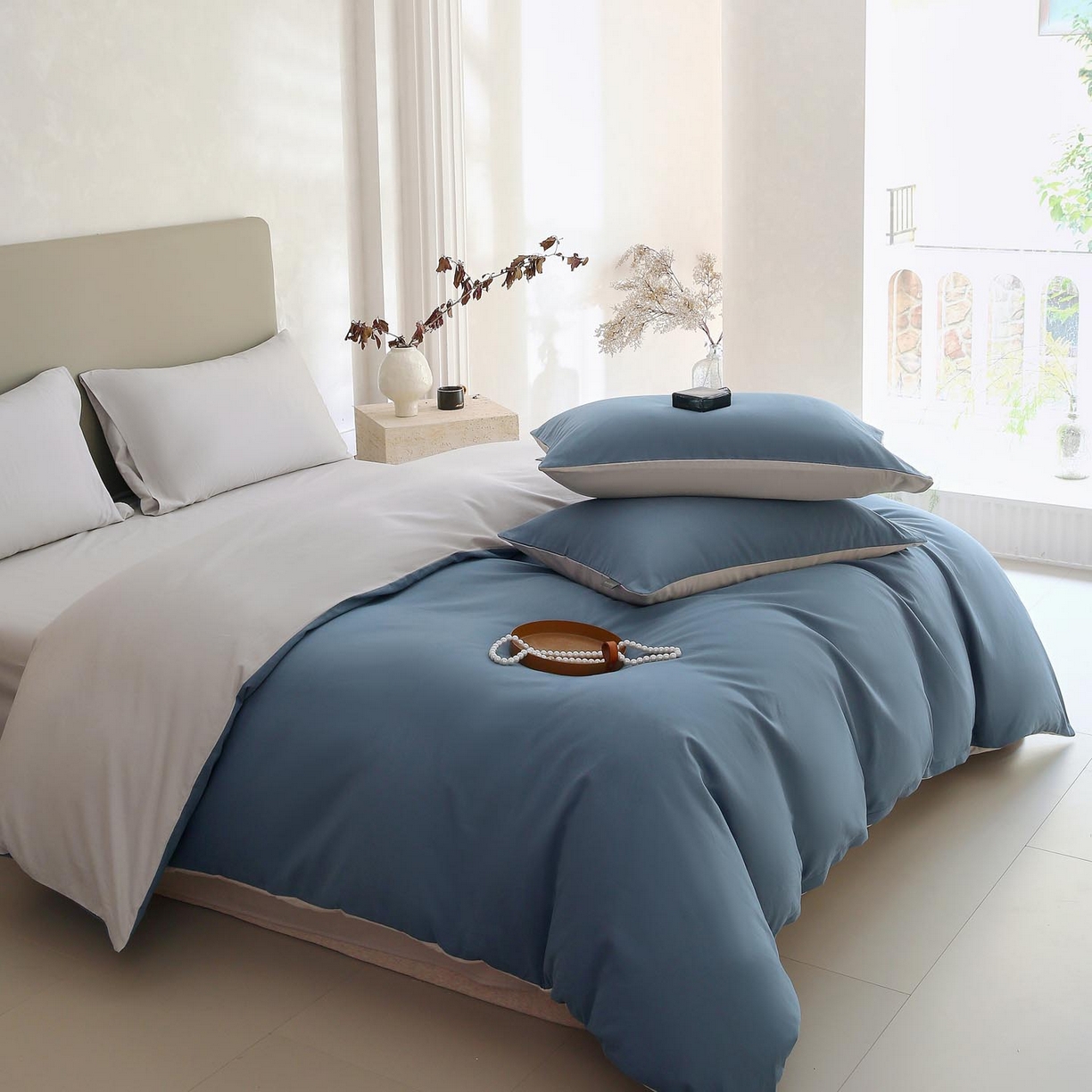 91家纺网 家纺一手货源 找家纺 梧桐树 2025新款纯色双拼100%棉磨毛全棉纯棉四件套 蓝韵雾纱