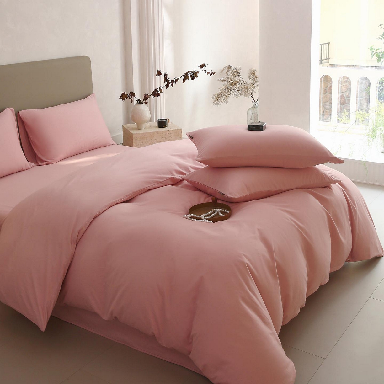 91家纺网 家纺一手货源 找家纺 梧桐树 2025新款纯色双拼100%棉磨毛全棉纯棉四件套 暮砂粉