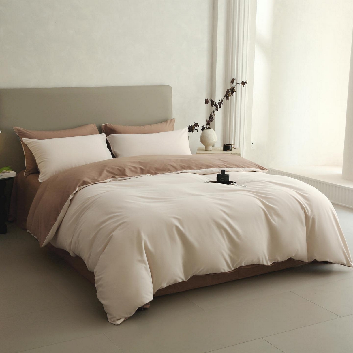 91家纺网 家纺一手货源 找家纺 梧桐树 2025新款纯色双拼100%棉磨毛全棉纯棉四件套 云纱可可