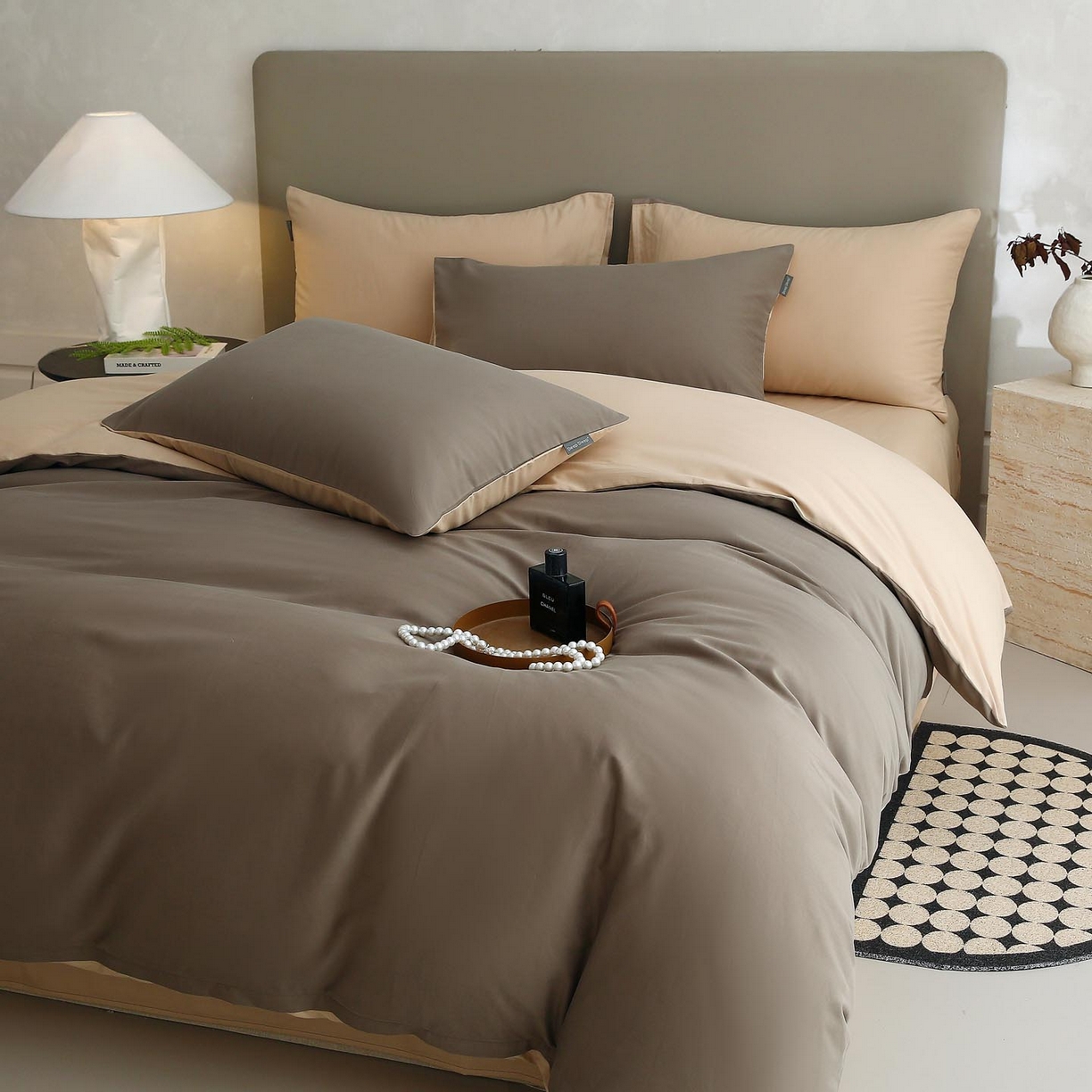 91家纺网 家纺一手货源 找家纺 梧桐树 2025新款纯色双拼100%棉磨毛全棉纯棉四件套 焦糖曲奇