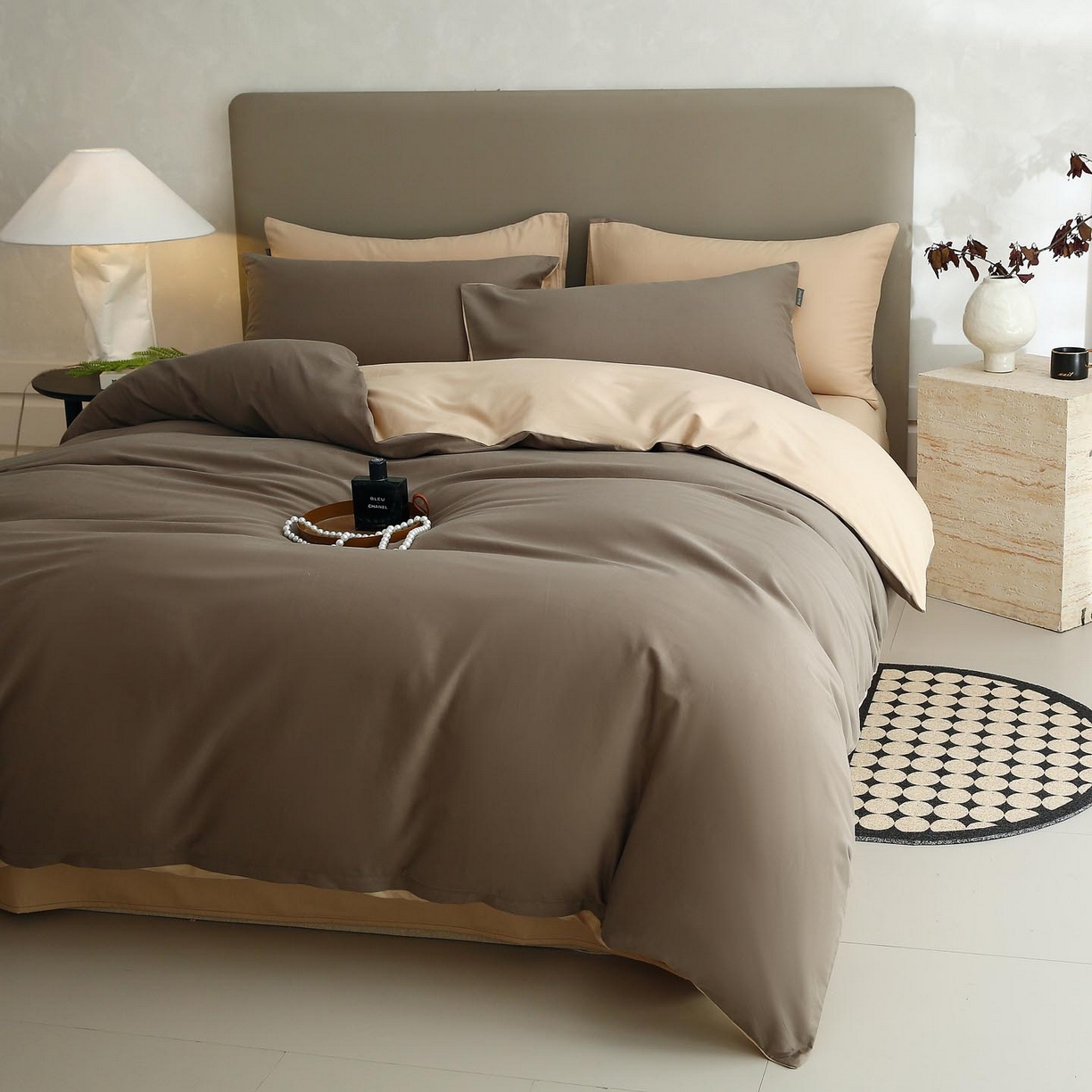 91家纺网 家纺一手货源 找家纺 梧桐树 2025新款纯色双拼100%棉磨毛全棉纯棉四件套 焦糖曲奇