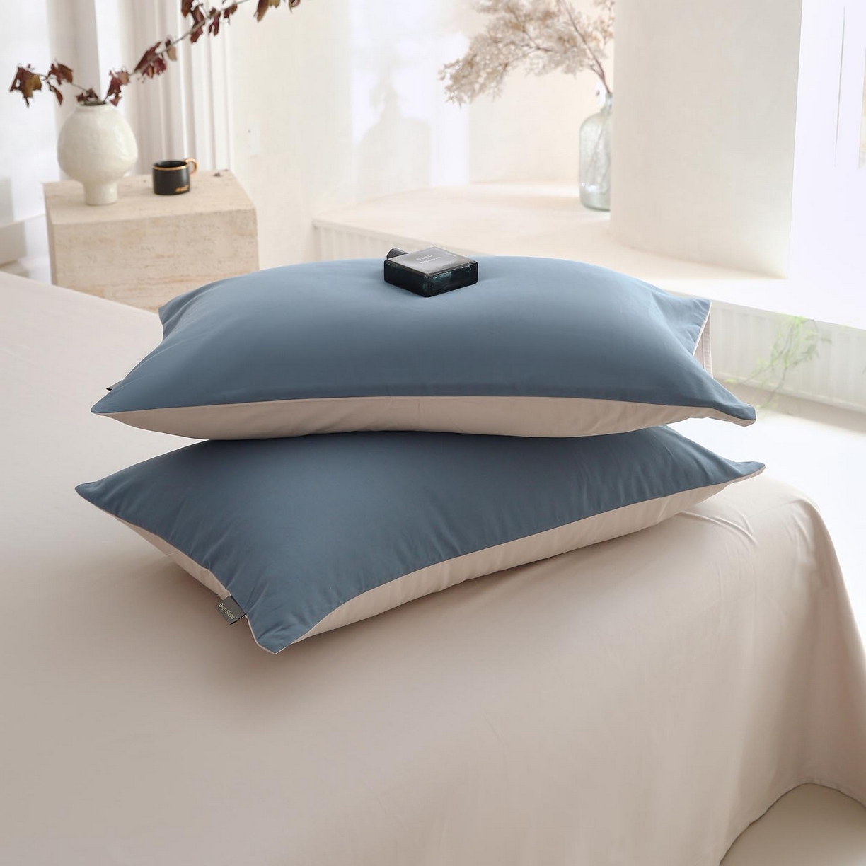 91家纺网 家纺一手货源 找家纺 梧桐树 2025新款纯色双拼100%棉磨毛全棉纯棉四件套 蓝韵雾纱