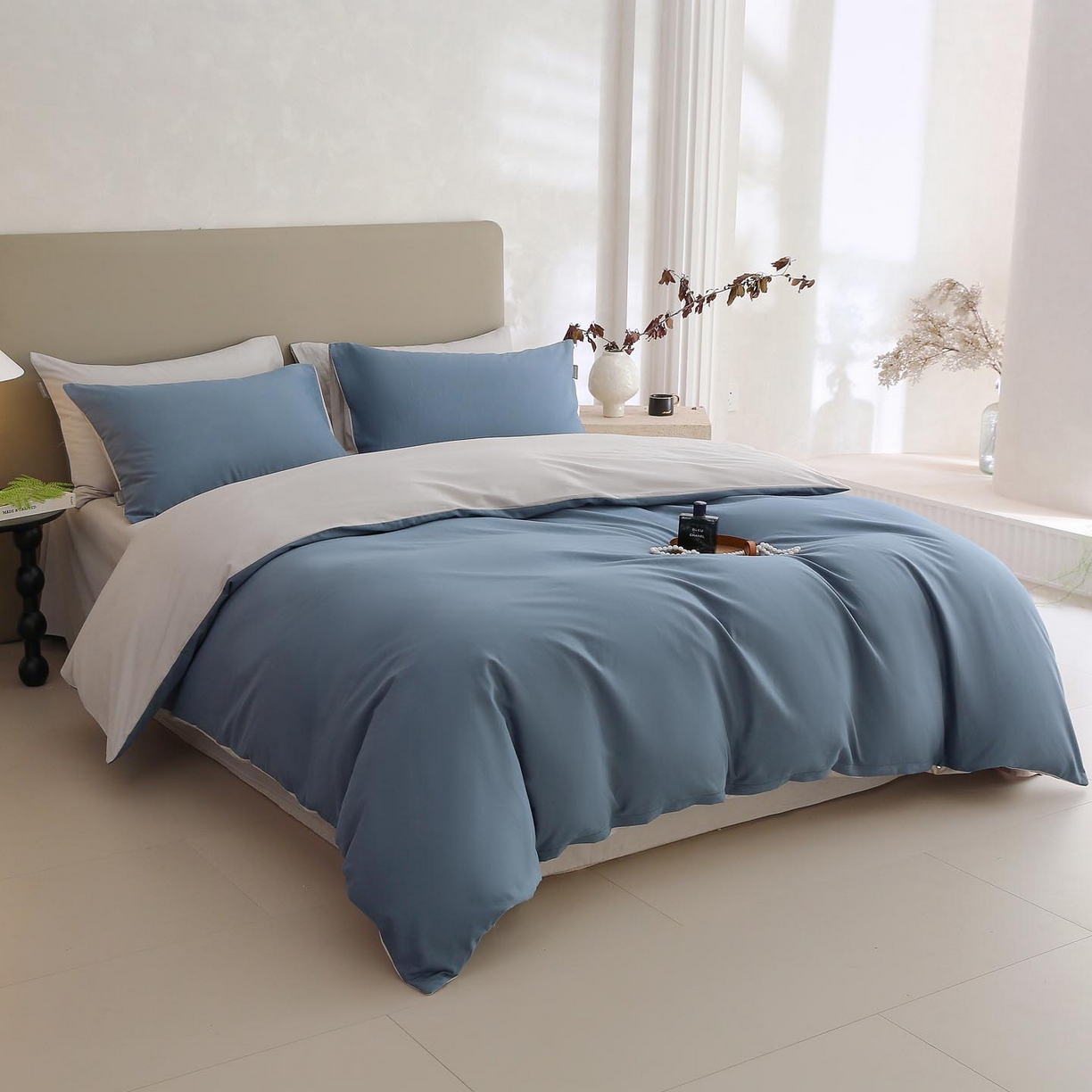 91家纺网 家纺一手货源 找家纺 梧桐树 2025新款纯色双拼100%棉磨毛全棉纯棉四件套 蓝韵雾纱