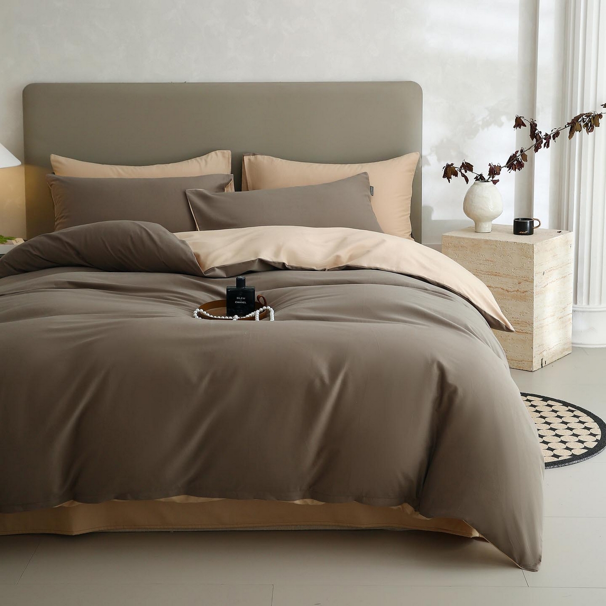 91家纺网 家纺一手货源 找家纺 梧桐树 2025新款纯色双拼100%棉磨毛全棉纯棉四件套 焦糖曲奇