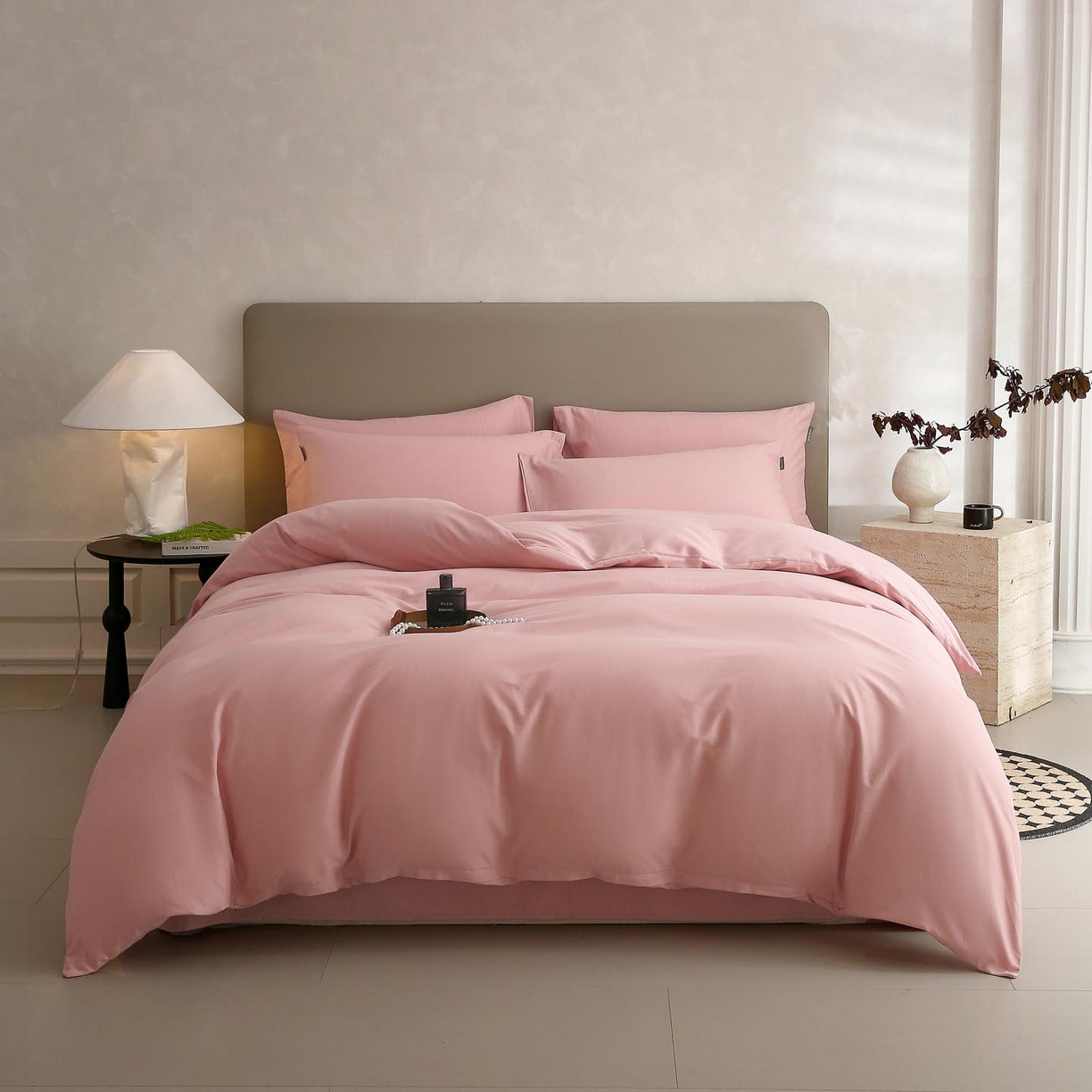 91家纺网 家纺一手货源 找家纺 梧桐树 2025新款纯色双拼100%棉磨毛全棉纯棉四件套 暮砂粉