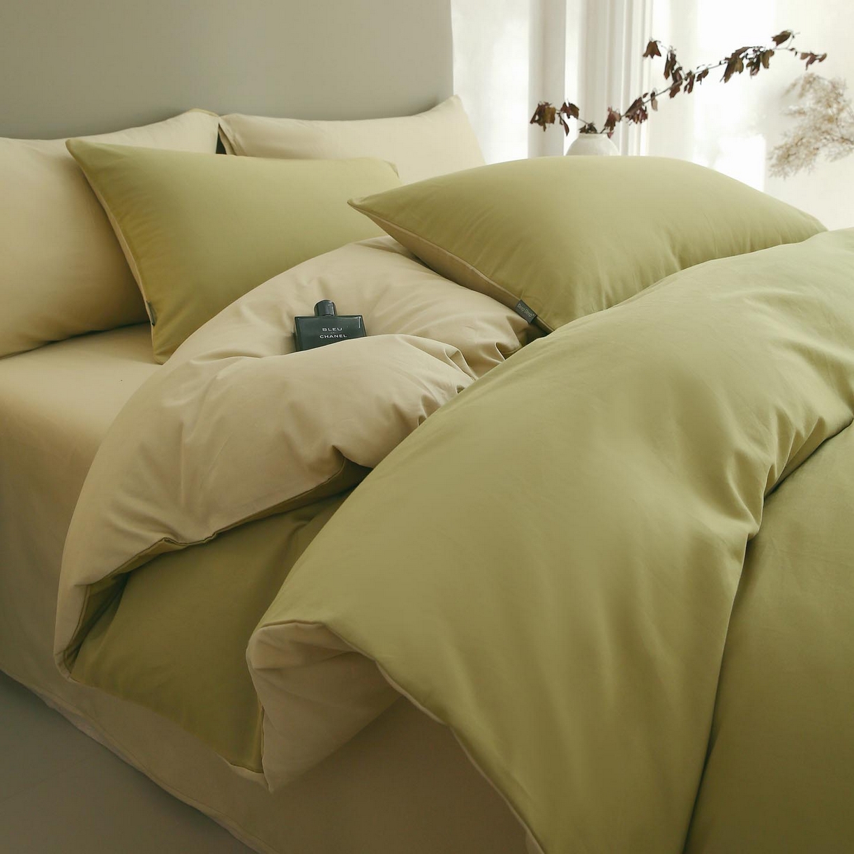 91家纺网 家纺一手货源 找家纺 梧桐树 2025新款纯色双拼100%棉磨毛全棉纯棉四件套 抹茶海盐