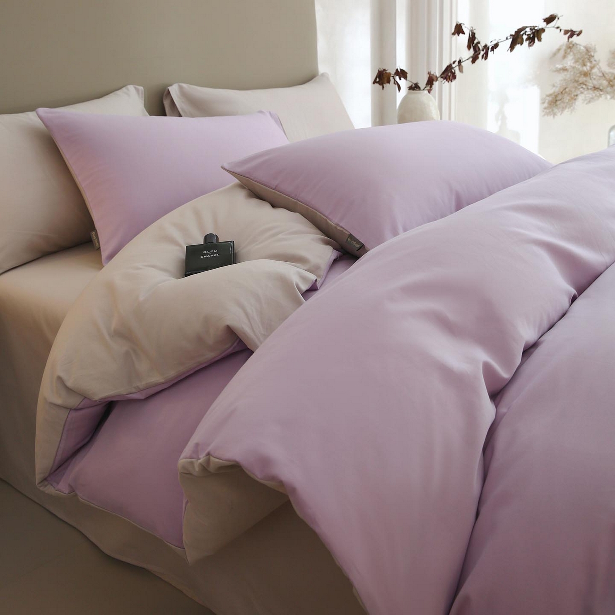 91家纺网 家纺一手货源 找家纺 梧桐树 2025新款纯色双拼100%棉磨毛全棉纯棉四件套 紫粟灰