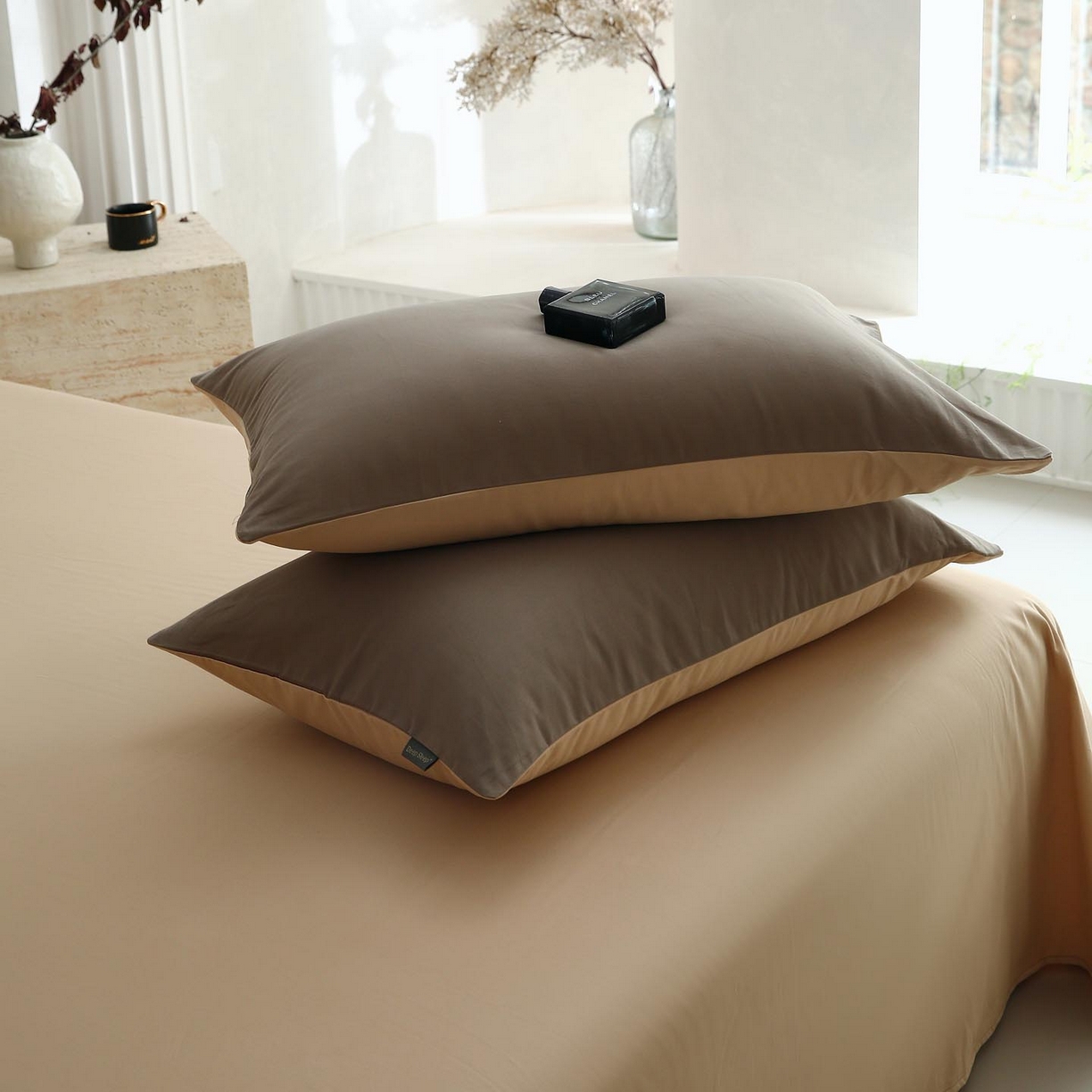 91家纺网 家纺一手货源 找家纺 梧桐树 2025新款纯色双拼100%棉磨毛全棉纯棉四件套 焦糖曲奇