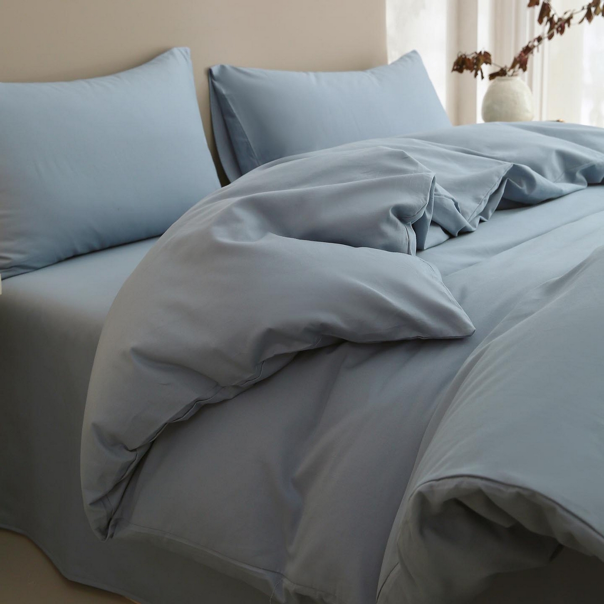 91家纺网 家纺一手货源 找家纺 梧桐树 2025新款纯色双拼100%棉磨毛全棉纯棉四件套 南极蓝