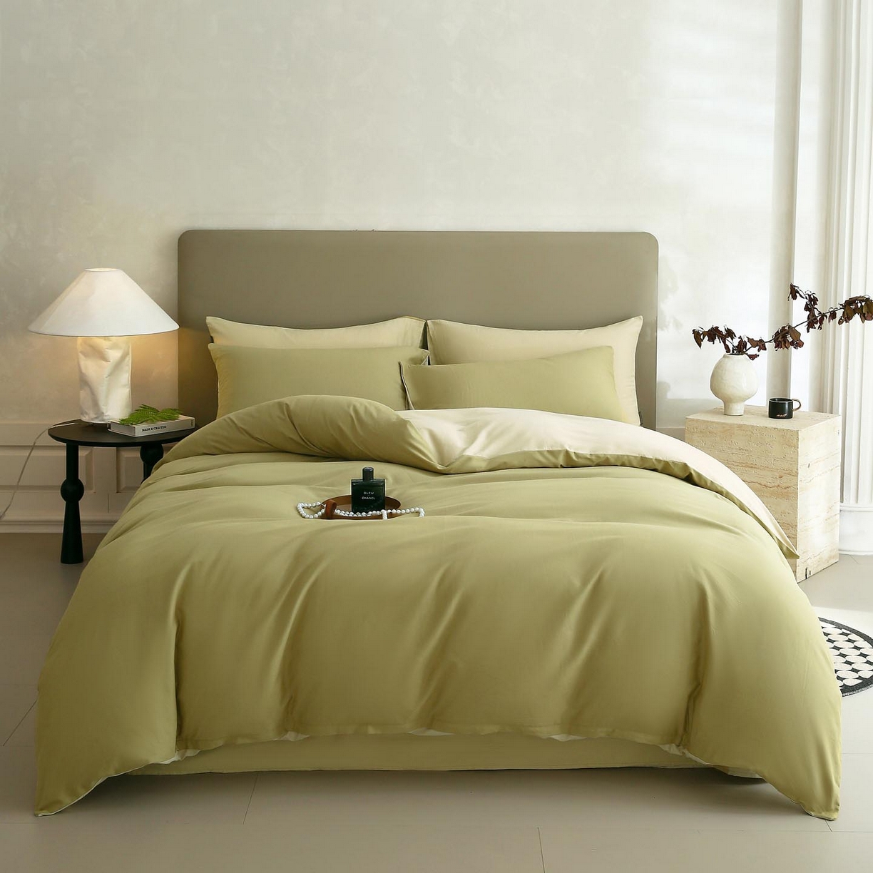 91家纺网 家纺一手货源 找家纺 梧桐树 2025新款纯色双拼100%棉磨毛全棉纯棉四件套 抹茶海盐