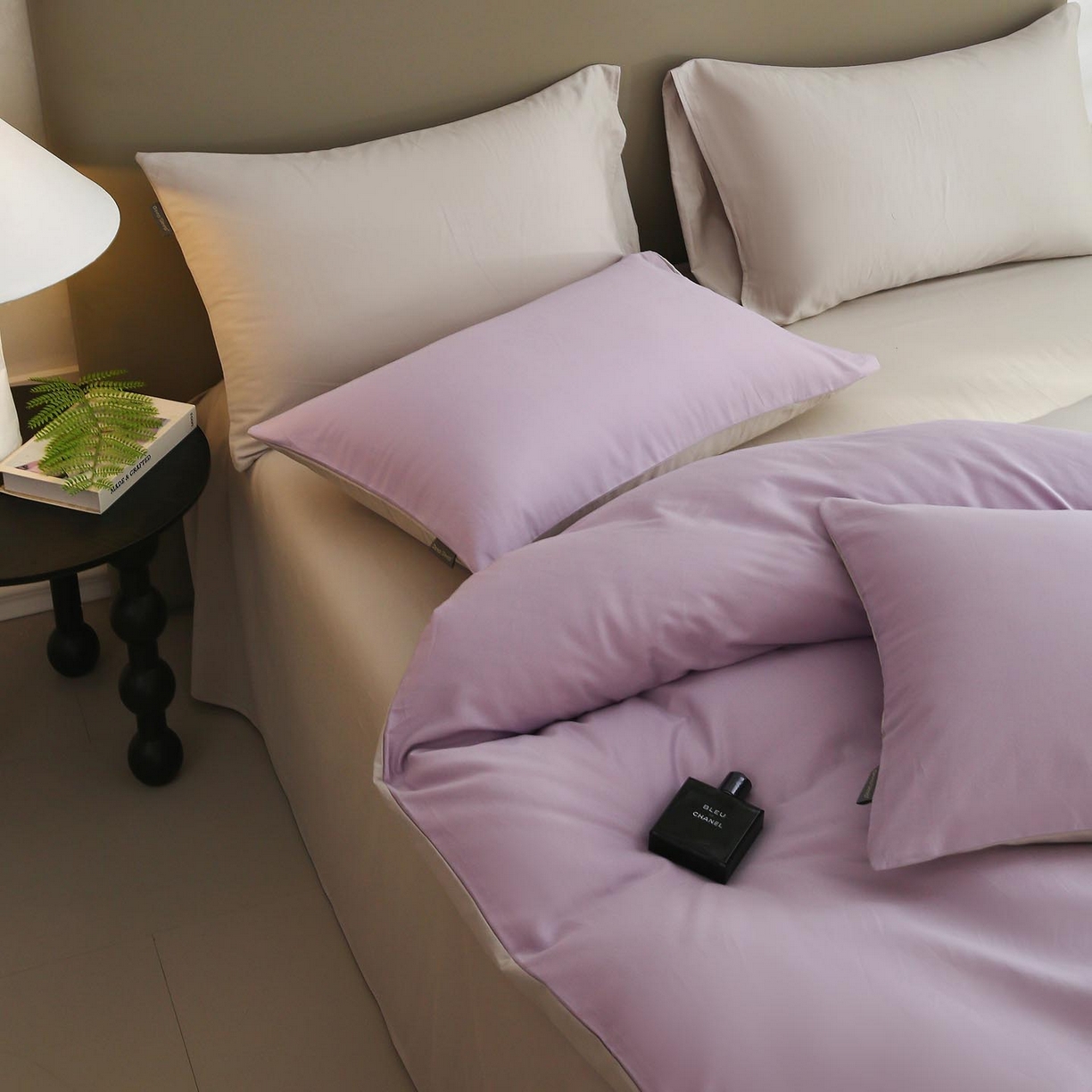 91家纺网 家纺一手货源 找家纺 梧桐树 2025新款纯色双拼100%棉磨毛全棉纯棉四件套 紫粟灰