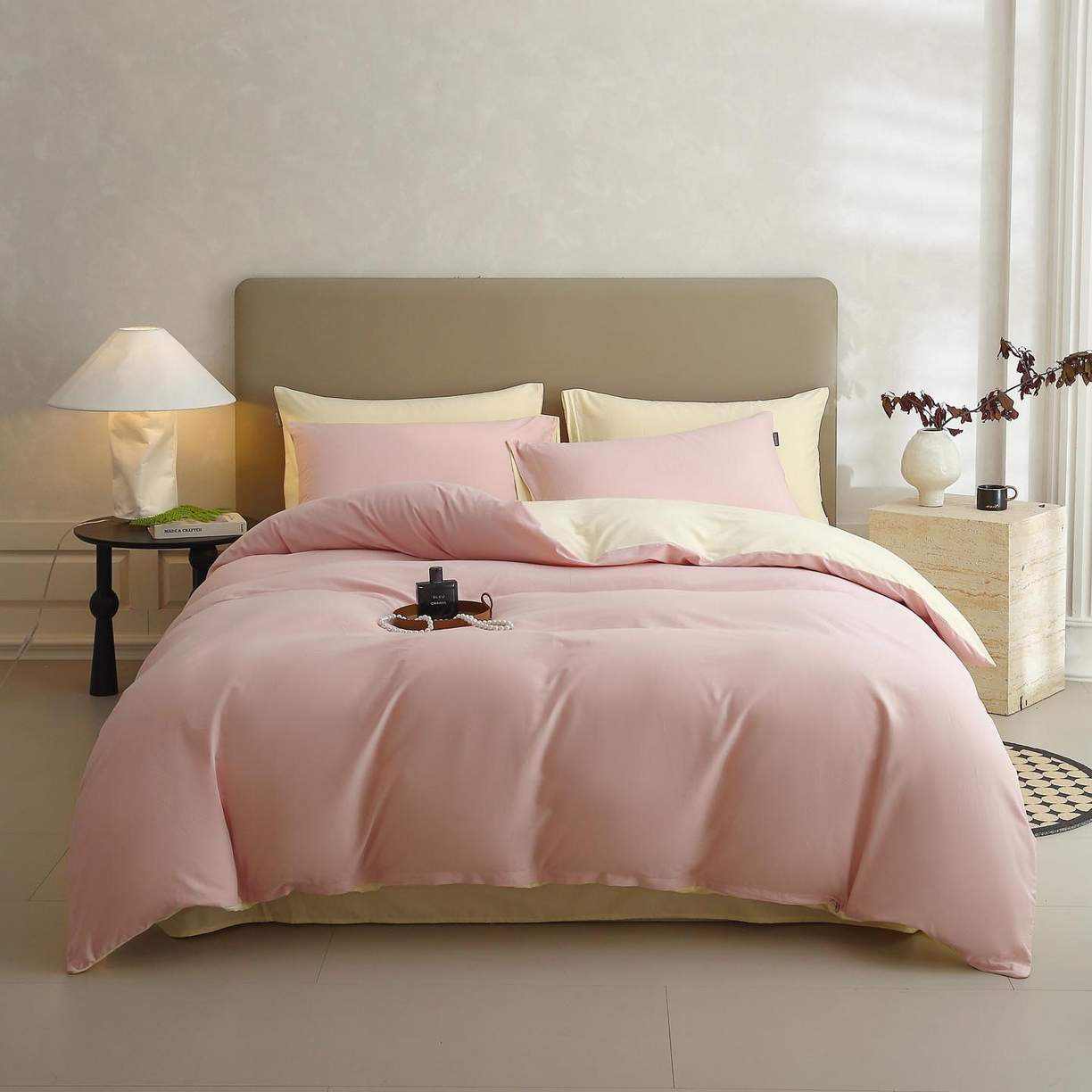 91家纺网 家纺一手货源 找家纺 梧桐树 2025新款纯色双拼100%棉磨毛全棉纯棉四件套 樱雪黄