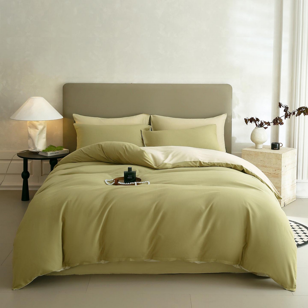 91家纺网 家纺一手货源 找家纺 梧桐树 2025新款纯色双拼100%棉磨毛全棉纯棉四件套 抹茶海盐