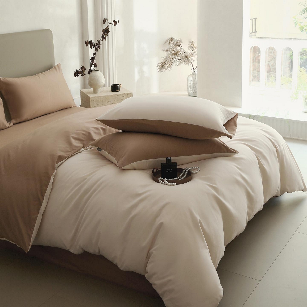 91家纺网 家纺一手货源 找家纺 梧桐树 2025新款纯色双拼100%棉磨毛全棉纯棉四件套 云纱可可