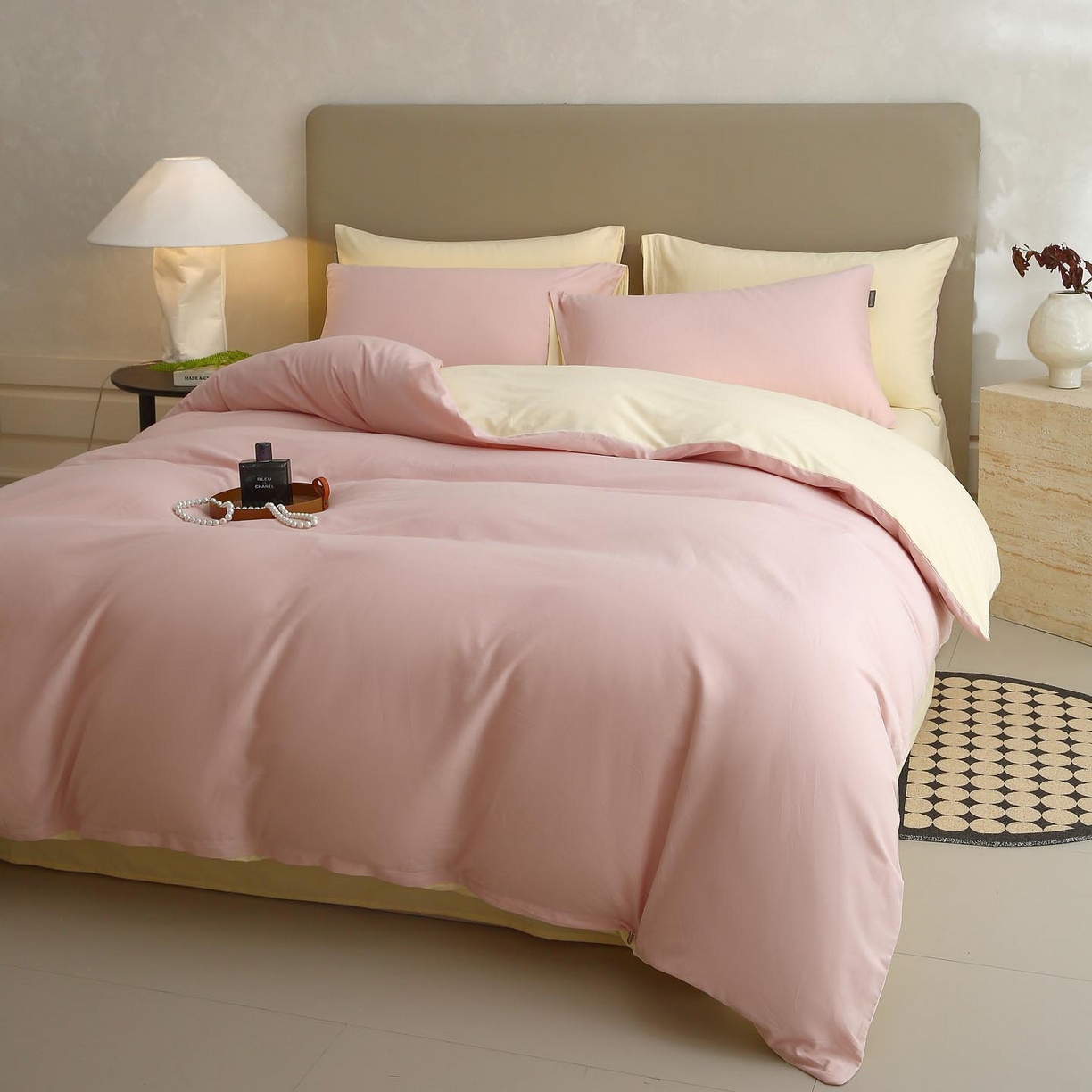 91家纺网 家纺一手货源 找家纺 梧桐树 2025新款纯色双拼100%棉磨毛全棉纯棉四件套 樱雪黄