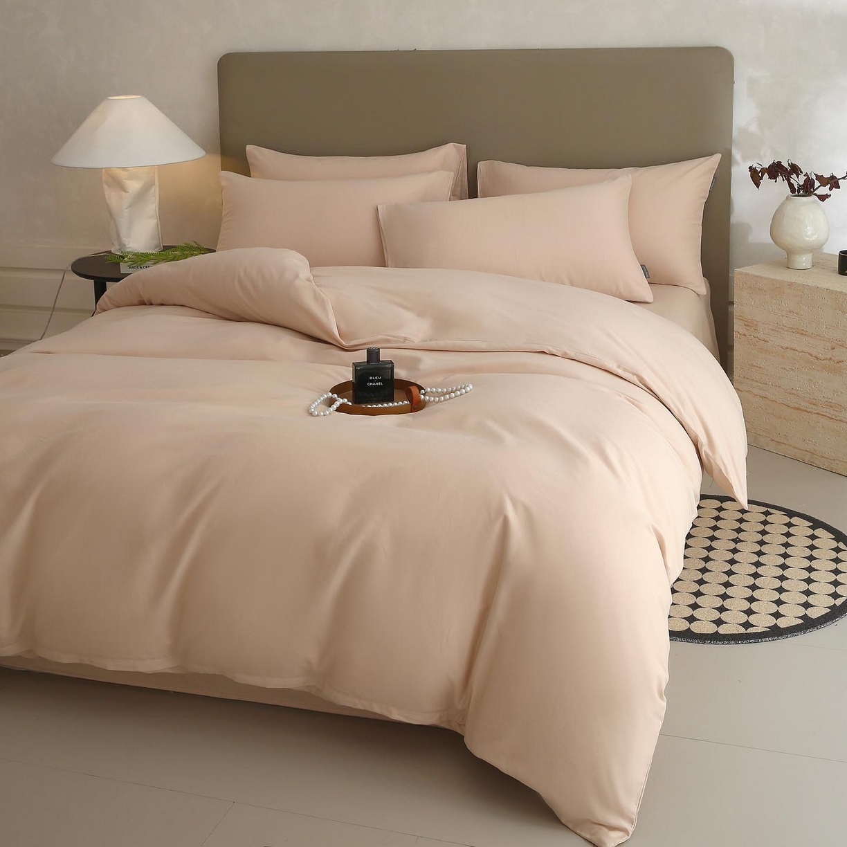 91家纺网 家纺一手货源 找家纺 梧桐树 2025新款纯色双拼100%棉磨毛全棉纯棉四件套 山茶杏