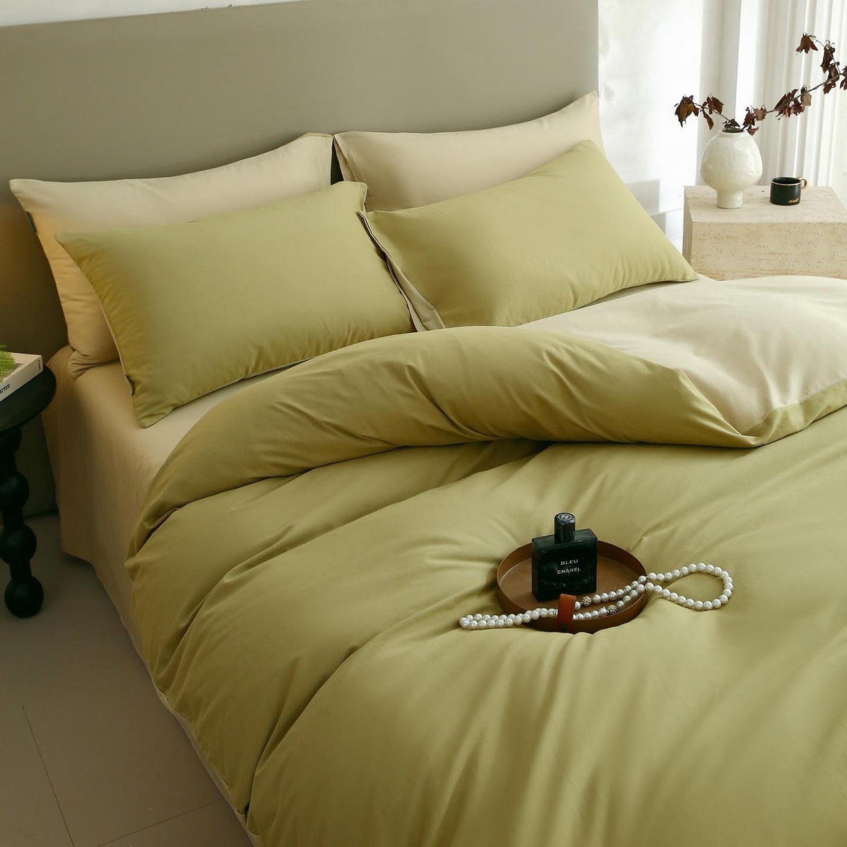 91家纺网 家纺一手货源 找家纺 梧桐树 2025新款纯色双拼100%棉磨毛全棉纯棉四件套 抹茶海盐