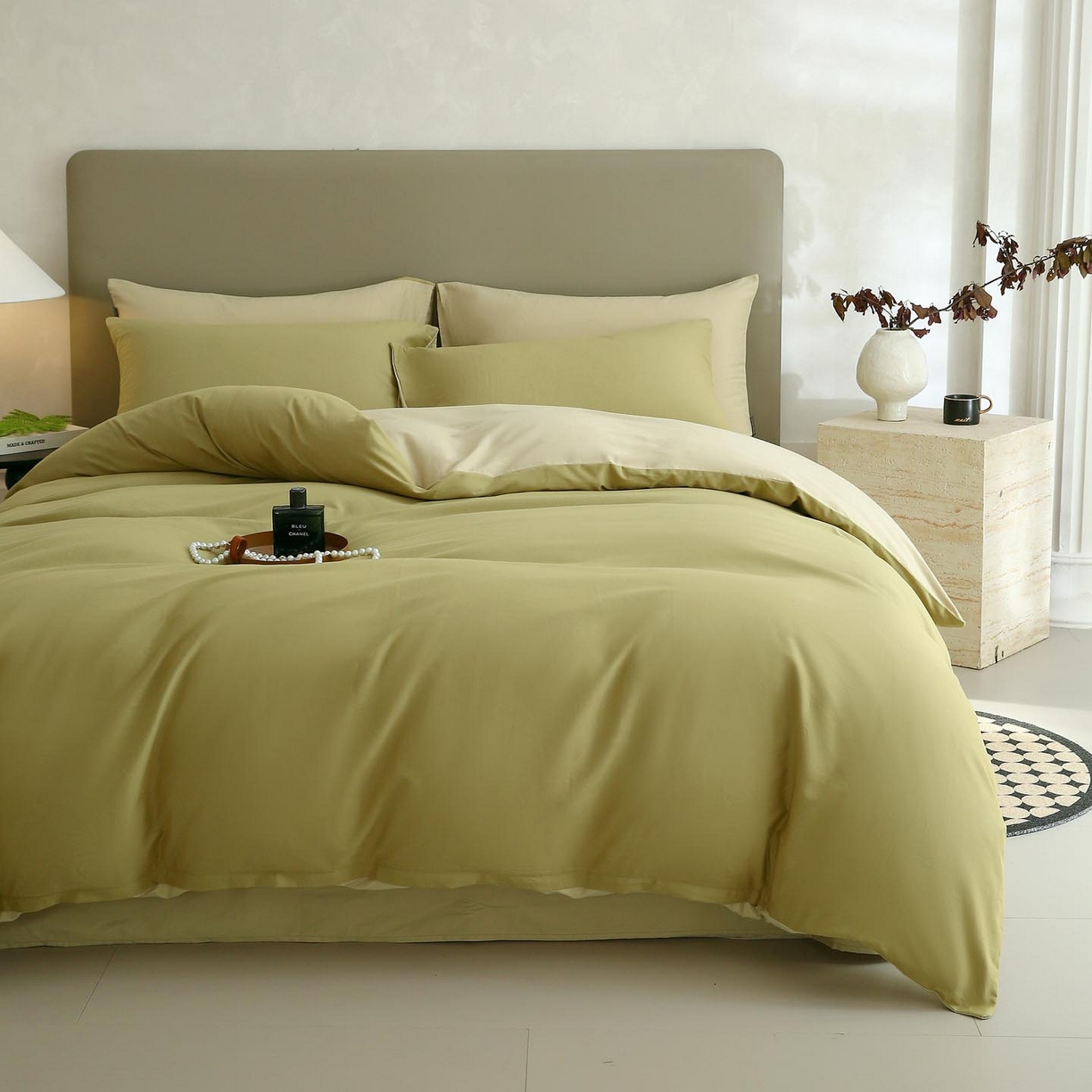 91家纺网 家纺一手货源 找家纺 梧桐树 2025新款纯色双拼100%棉磨毛全棉纯棉四件套 抹茶海盐