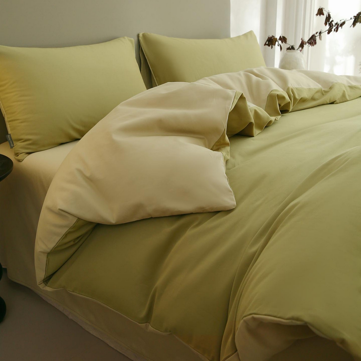 91家纺网 家纺一手货源 找家纺 梧桐树 2025新款纯色双拼100%棉磨毛全棉纯棉四件套 抹茶海盐