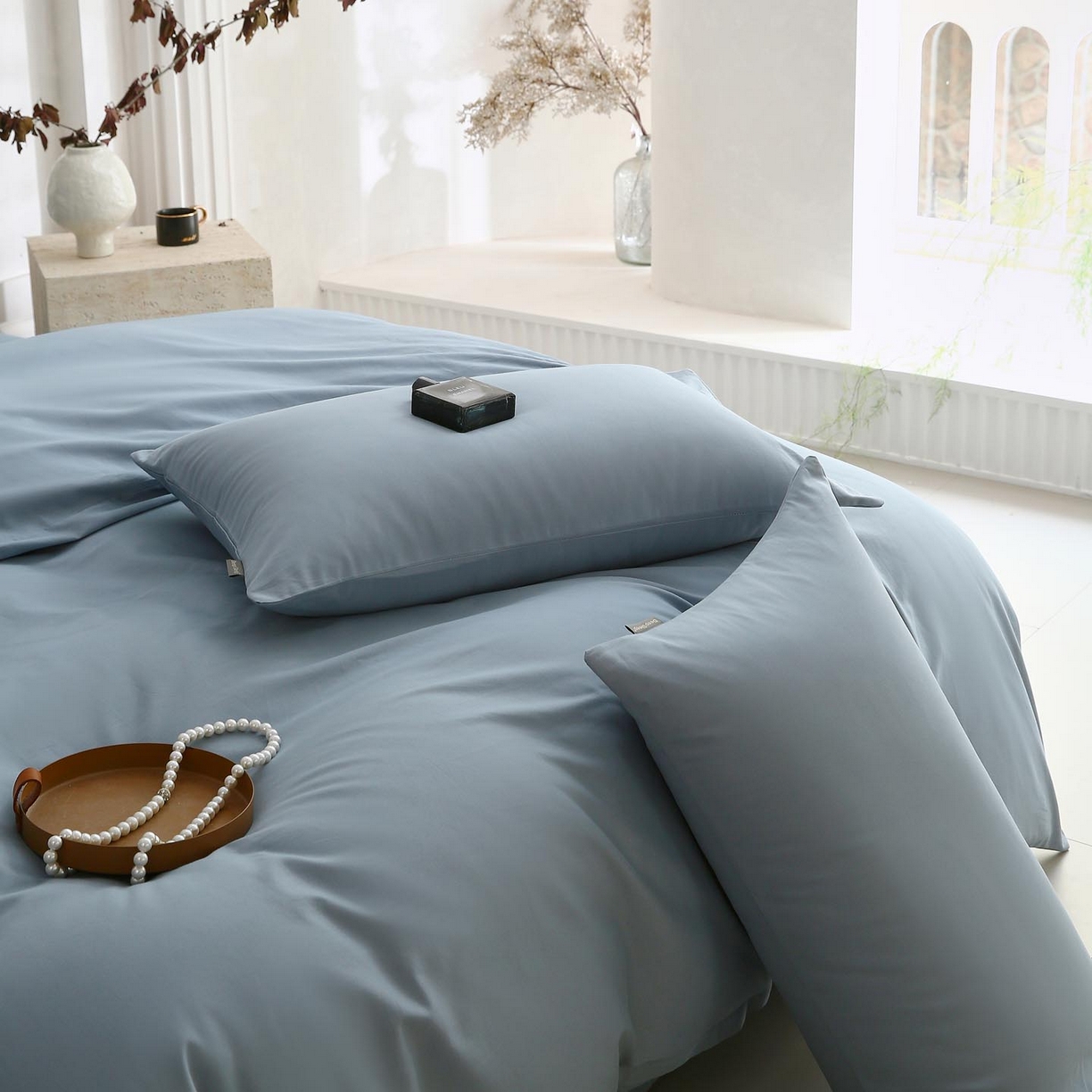 91家纺网 家纺一手货源 找家纺 梧桐树 2025新款纯色双拼100%棉磨毛全棉纯棉四件套 南极蓝