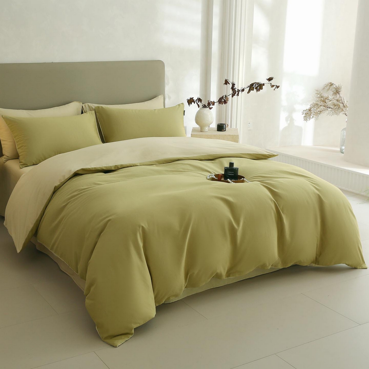 91家纺网 家纺一手货源 找家纺 梧桐树 2025新款纯色双拼100%棉磨毛全棉纯棉四件套 抹茶海盐