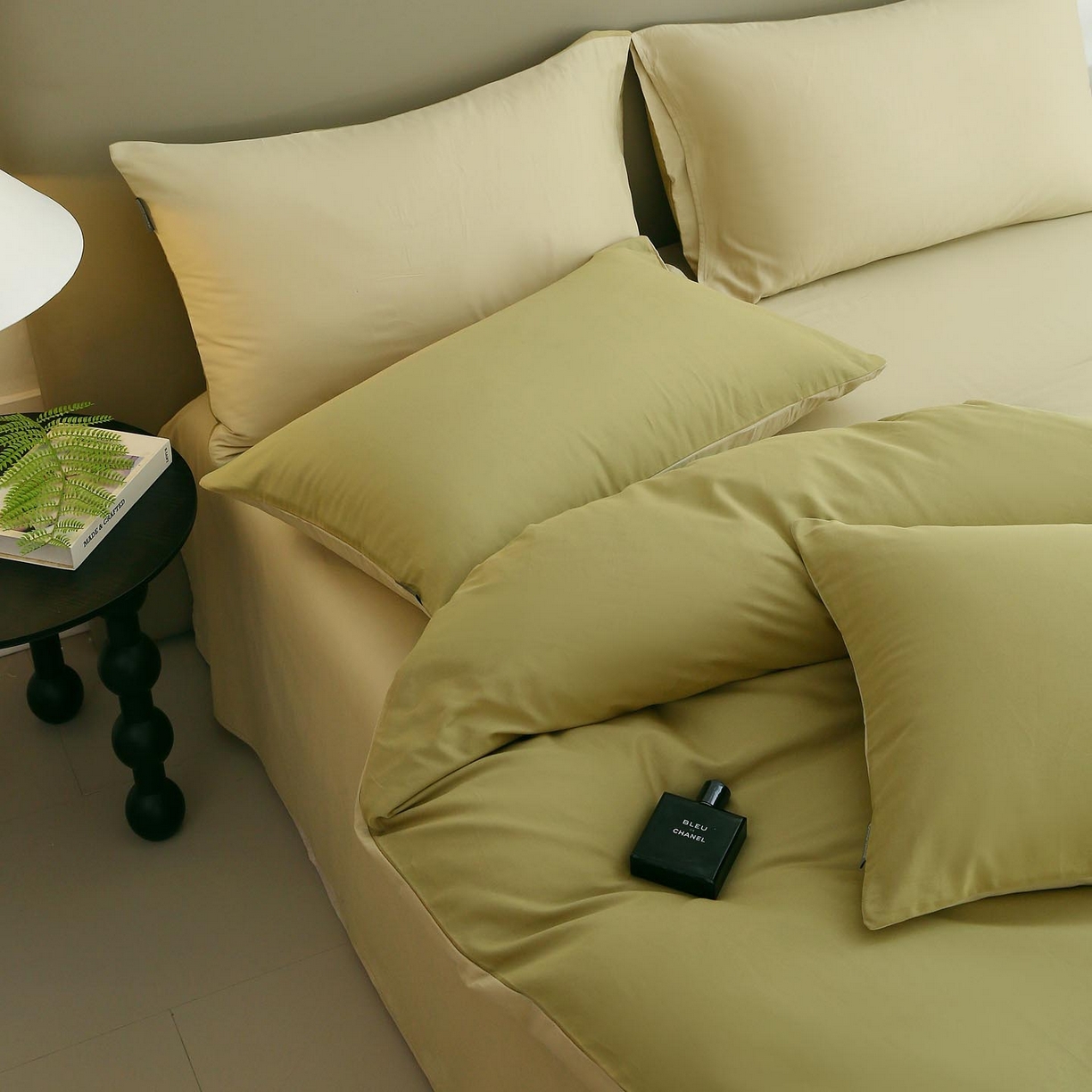 91家纺网 家纺一手货源 找家纺 梧桐树 2025新款纯色双拼100%棉磨毛全棉纯棉四件套 抹茶海盐