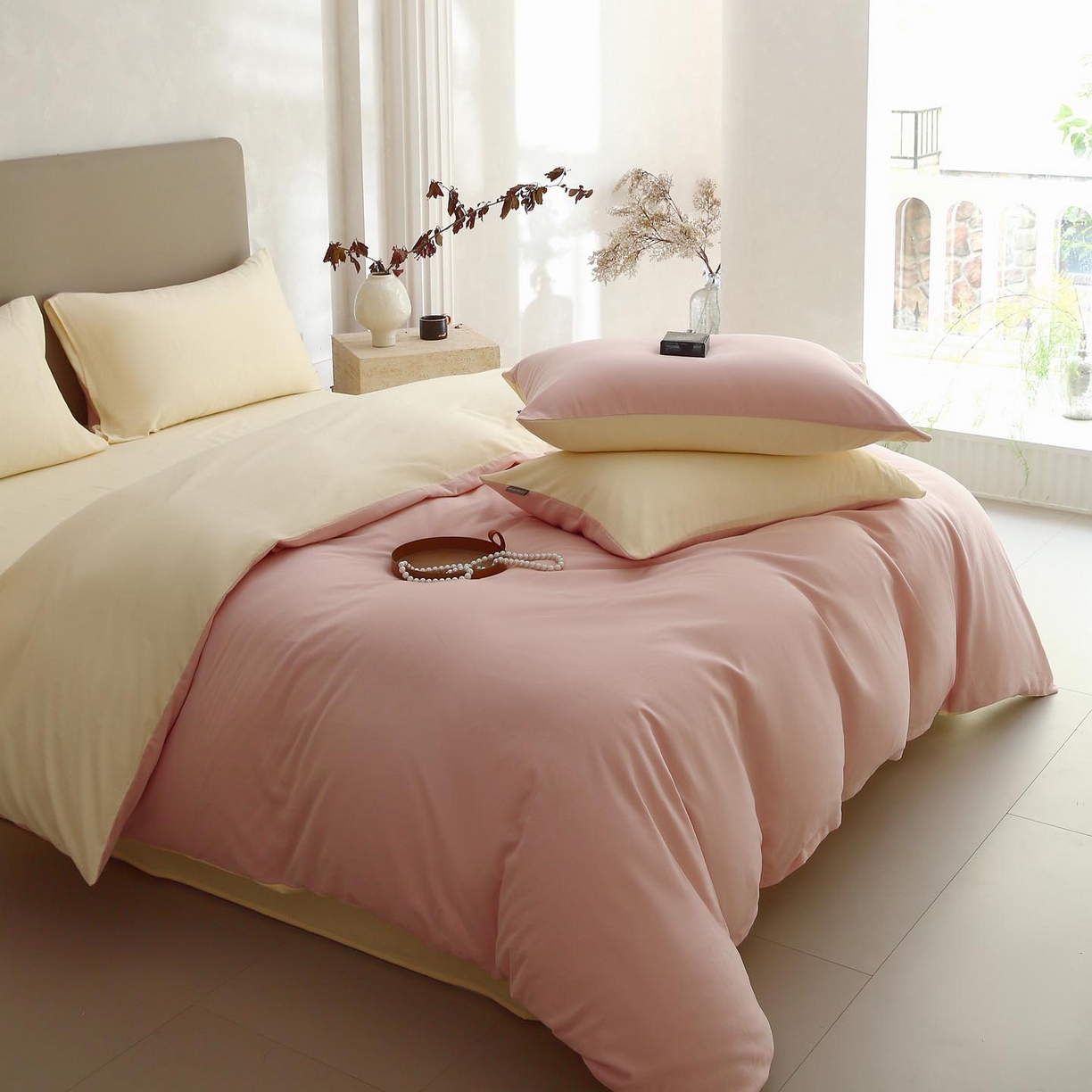 91家纺网 家纺一手货源 找家纺 梧桐树 2025新款纯色双拼100%棉磨毛全棉纯棉四件套 樱雪黄