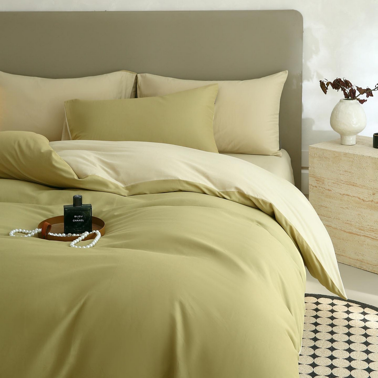 91家纺网 家纺一手货源 找家纺 梧桐树 2025新款纯色双拼100%棉磨毛全棉纯棉四件套 抹茶海盐