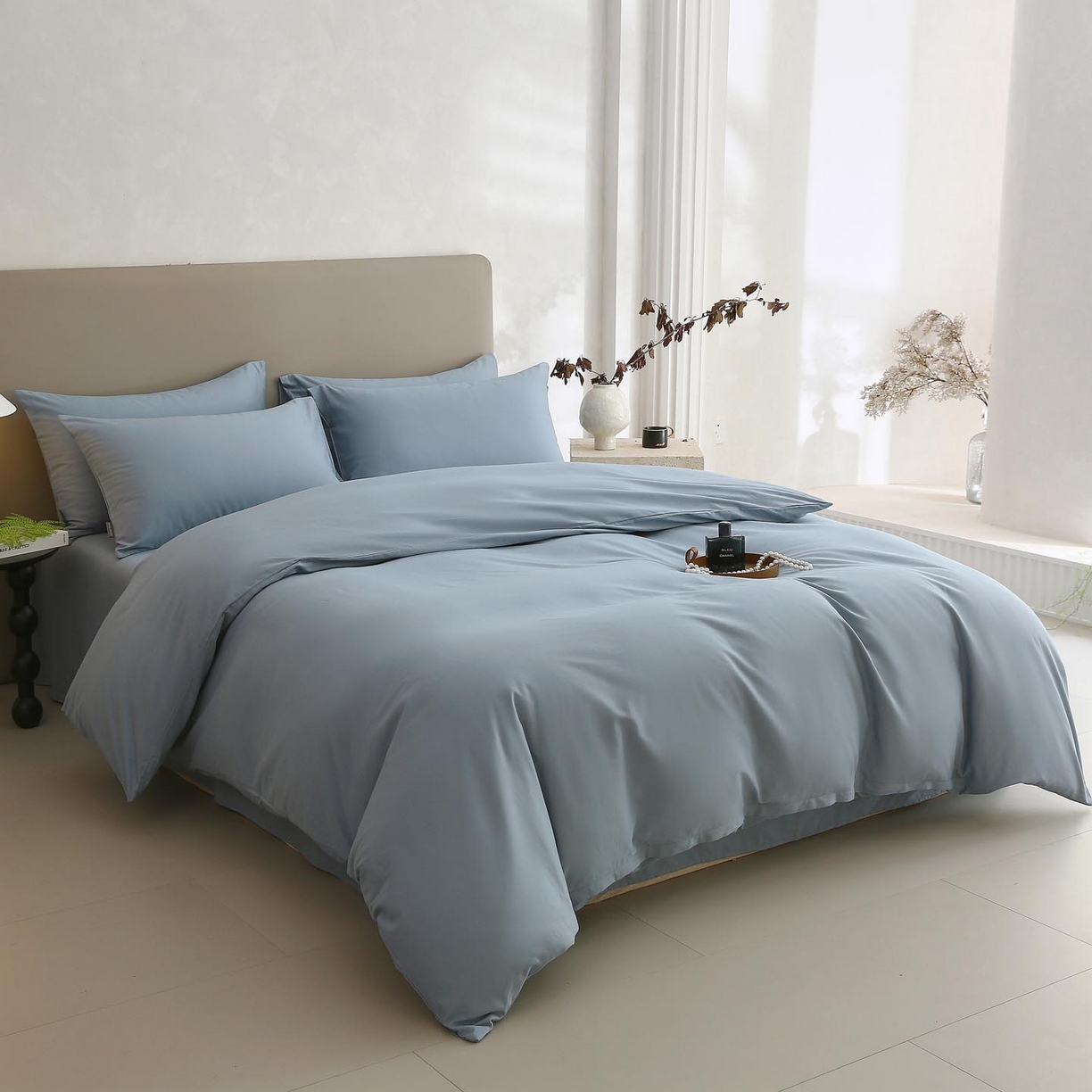 91家纺网 家纺一手货源 找家纺 梧桐树 2025新款纯色双拼100%棉磨毛全棉纯棉四件套 南极蓝