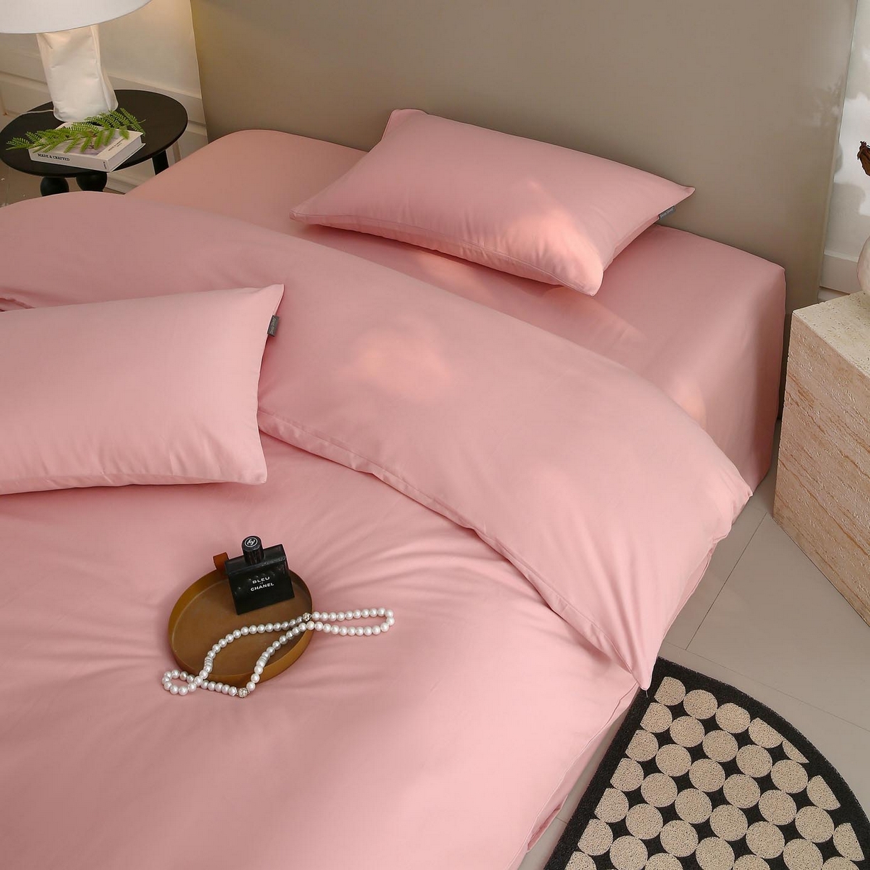 91家纺网 家纺一手货源 找家纺 梧桐树 2025新款纯色双拼100%棉磨毛全棉纯棉四件套 暮砂粉