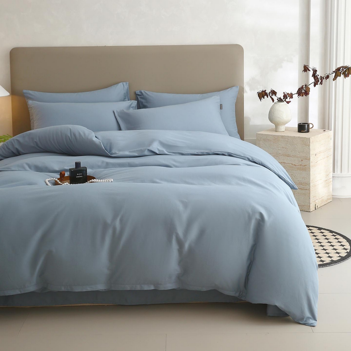 91家纺网 家纺一手货源 找家纺 梧桐树 2025新款纯色双拼100%棉磨毛全棉纯棉四件套 南极蓝