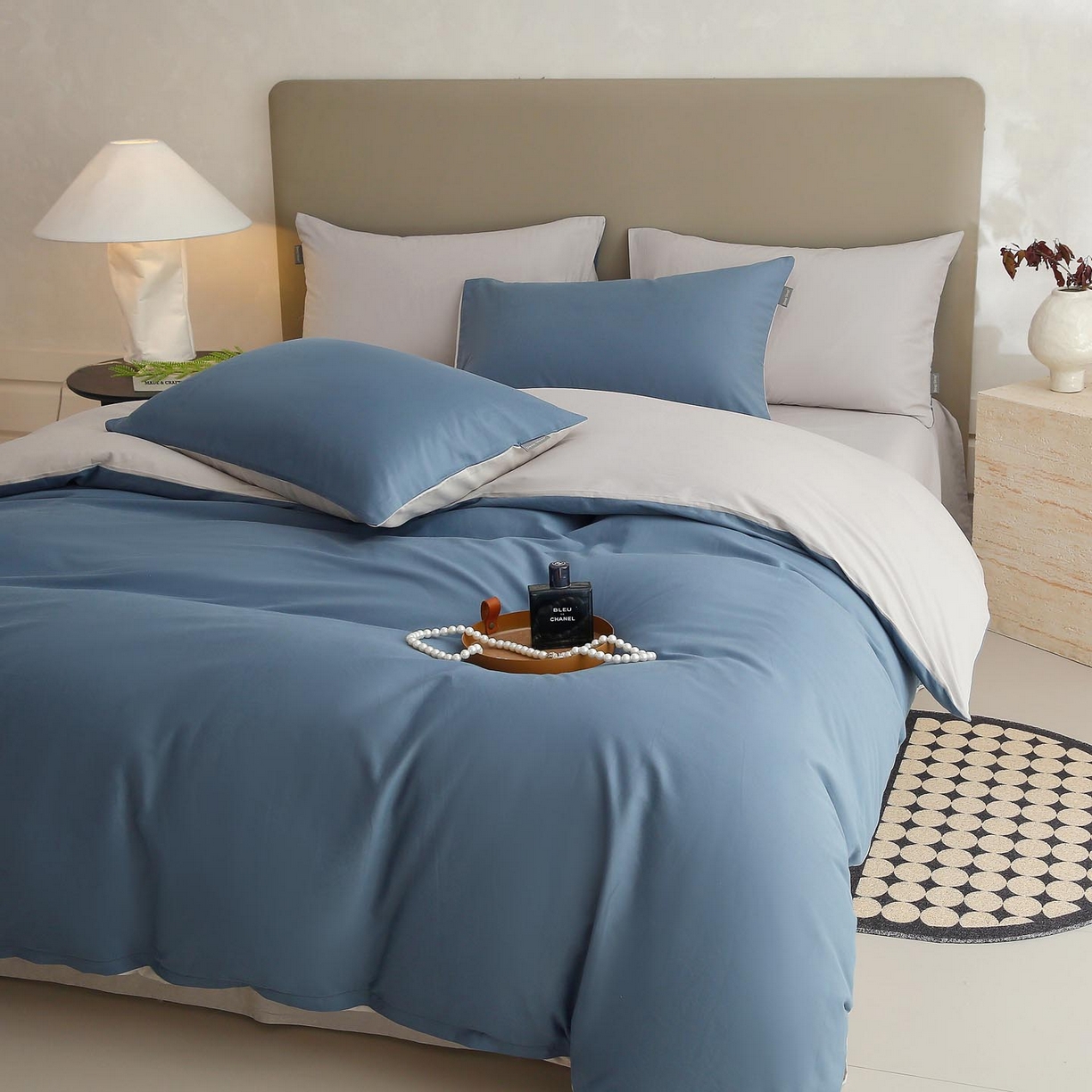 91家纺网 家纺一手货源 找家纺 梧桐树 2025新款纯色双拼100%棉磨毛全棉纯棉四件套 蓝韵雾纱