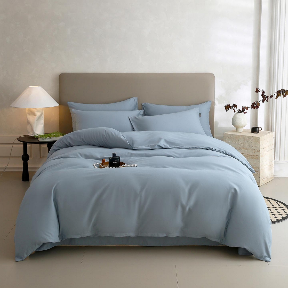 91家纺网 家纺一手货源 找家纺 梧桐树 2025新款纯色双拼100%棉磨毛全棉纯棉四件套 南极蓝