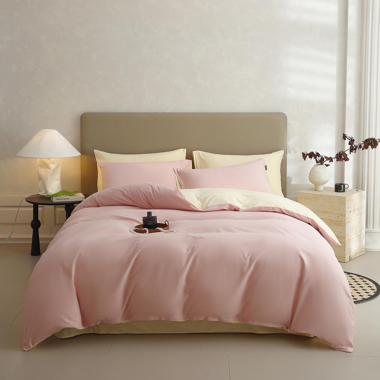 91家纺网 家纺一手货源 找家纺 梧桐树 2025新款纯色双拼100%棉磨毛全棉纯棉四件套 樱雪黄