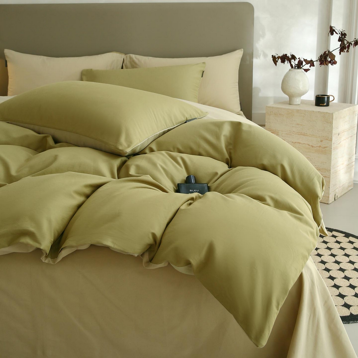 91家纺网 家纺一手货源 找家纺 梧桐树 2025新款纯色双拼100%棉磨毛全棉纯棉四件套 抹茶海盐